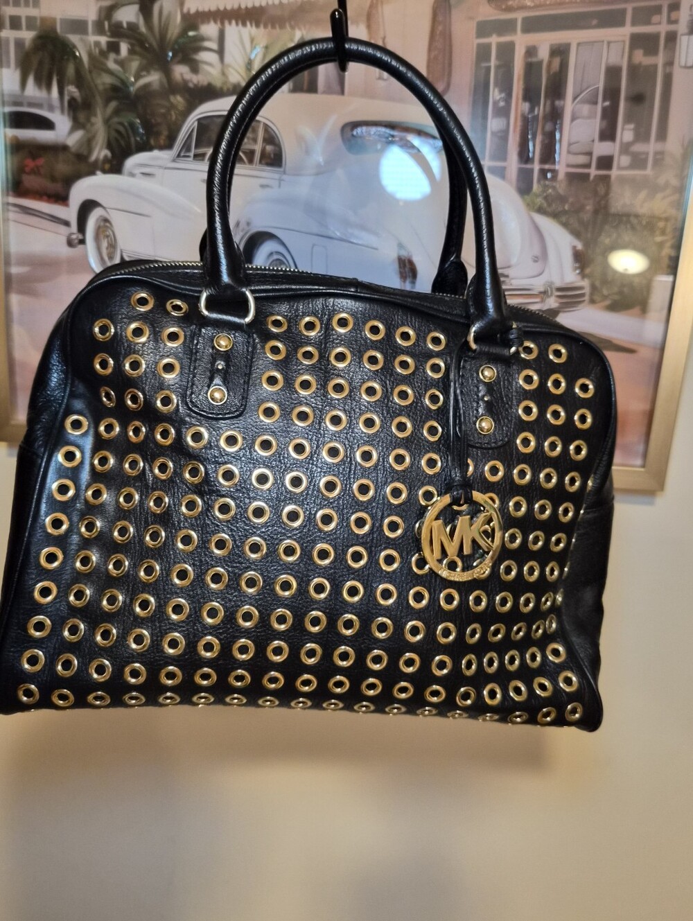 Michael Kors Vintage Limmited Grommet Leather Satchel Black Gold Rare